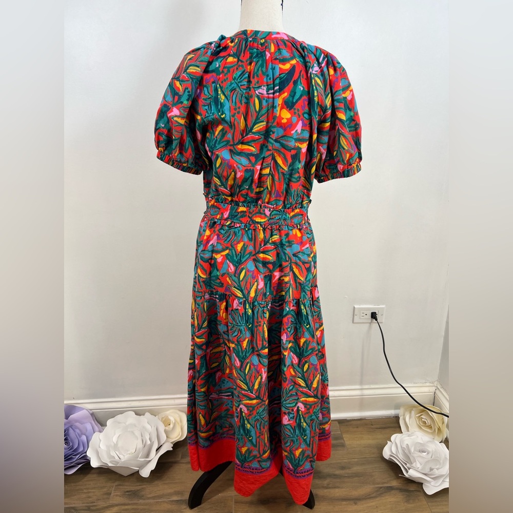 PINCH Cotton Floral Print Dress Midi Puff Sleeve With Red and Green Accents M - Picture 3 of 7